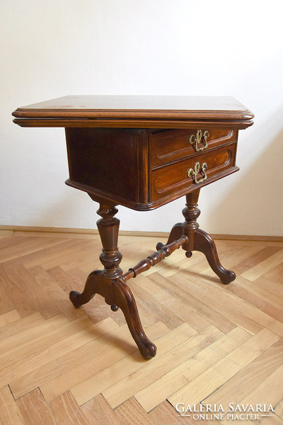 Biedermeier 2-drawer sewing table, double-top, openable, with footrest, folding needle cushion, core