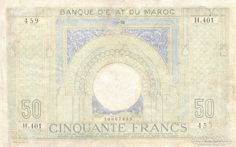 50 Francs francs 1938 Morocco rare