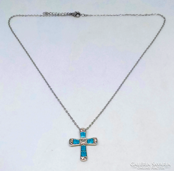 Silver plated blue synthetic fire opal and clear cz crystal cross pendant necklace 97