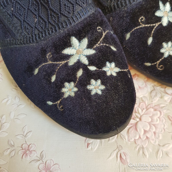 36-Os, dark blue, embroidered floral indoor shoes, indoor shoes, mamus