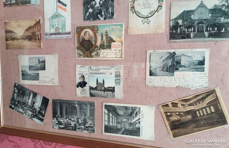 Szatmári postcard collection mounted on a panel, glazed under glass around 1900