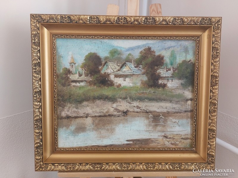 (K) Neograd with László sign village life picture painting 62x53 cm with frame