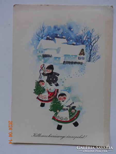 Régi grafikus karácsonyi üdvözlő képeslap, Kecskeméty Károly rajz