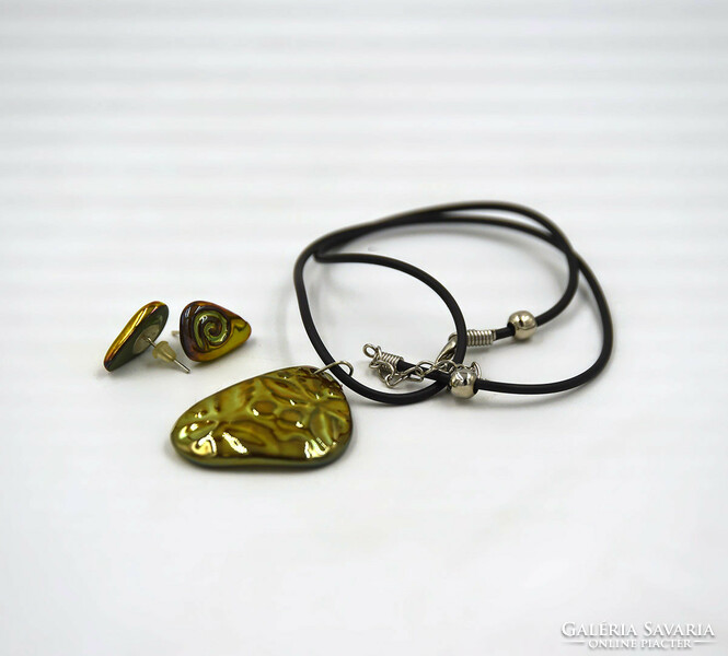 Zsolnay eozin jewelry, pendant on leather strap + earrings