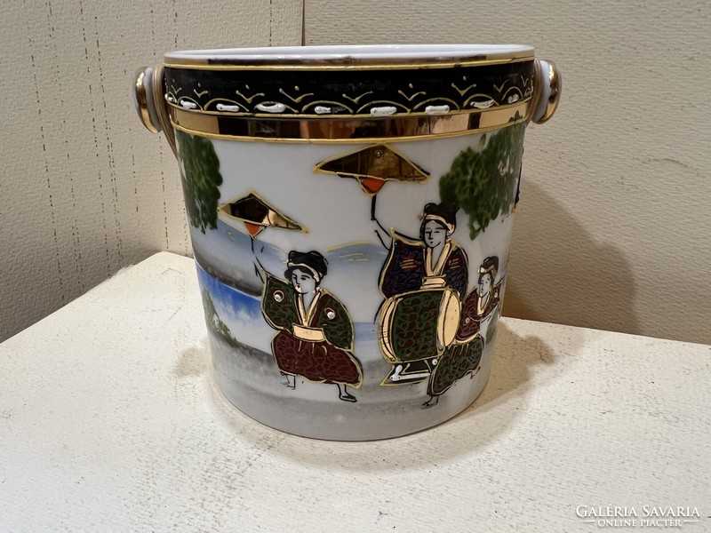 Japán teatartó porcelán edény, 14 cm-es magasságú Menji korabeli, kézi festésű