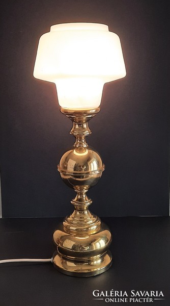 Vintage patinated iron table lamp with milk glass shade