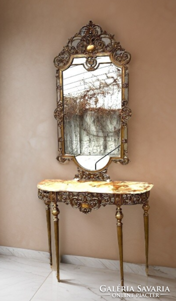 Antique copper mirror with marble console table