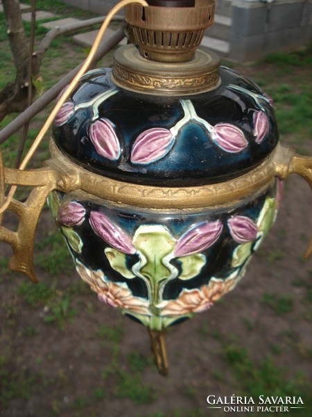 Eladó antik szecessziós lüszter majolika mennyezeti petróleum lámpa csillár elektromosra alakítva