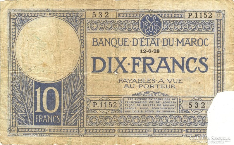 10 Francs francs 1929 Morocco rare