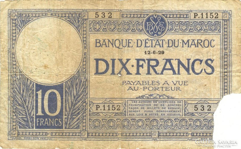 10 francs frank 1929 Marokkó Ritka