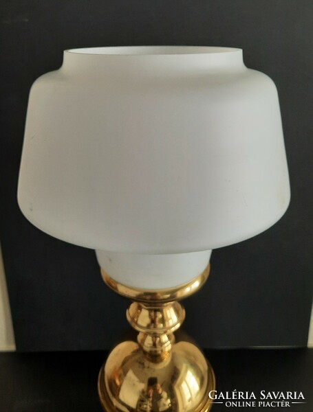 Vintage patinated iron table lamp with milk glass shade