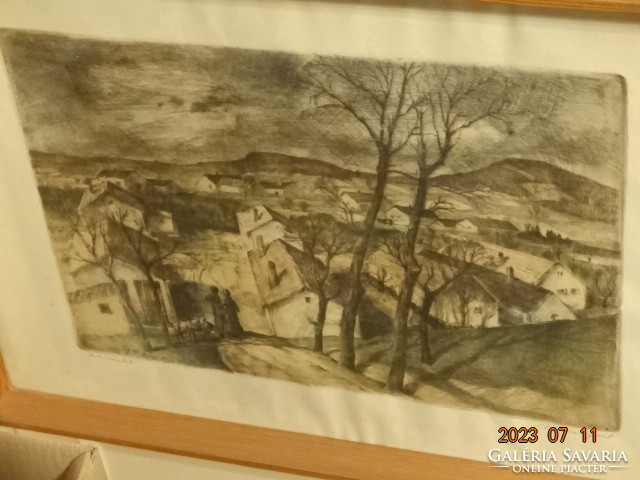 Pál Udvary (Bp,1900-1987): village detail (Solymár) colored etching
