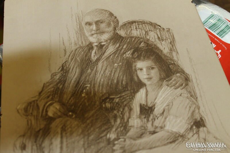 Antik grafika - családi portré - Öregapó a lányunokájával - jelzett