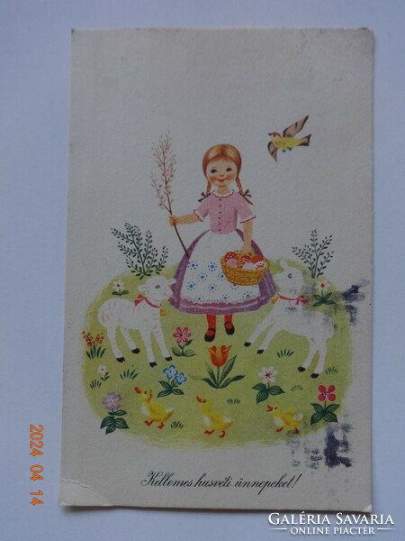 Old graphic Easter greeting card, k. Drawing by Lukats (1965)