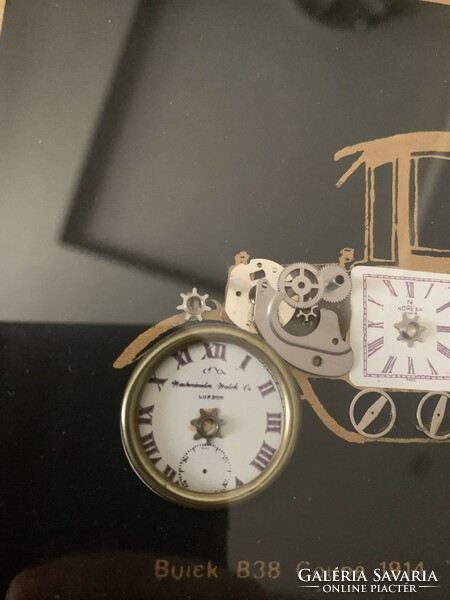 Unique handmade picture decorated with clock parts 1914 Buick 838 coupe Ken Broadbent collage picture