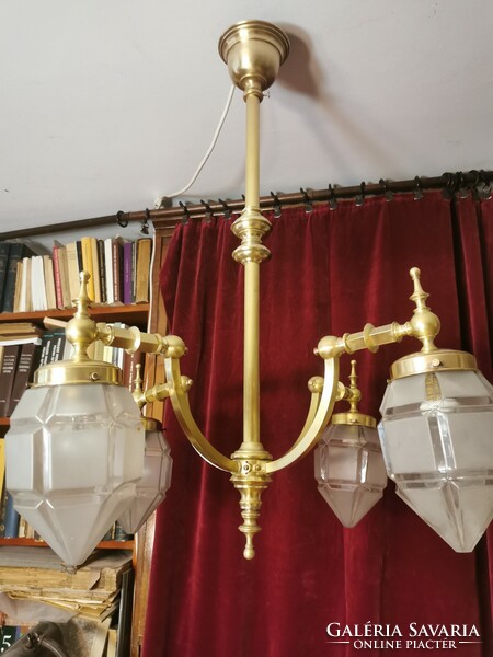 Antique copper art deco four-branch chandelier, with art deco shades. Price drop!