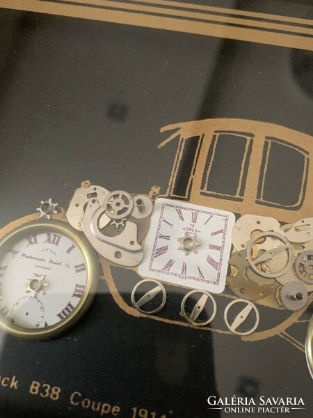 Egyedi, kézműves kép óra részekkel díszített1914 es Buick 838 coupe Ken Broadbent kollázs képe