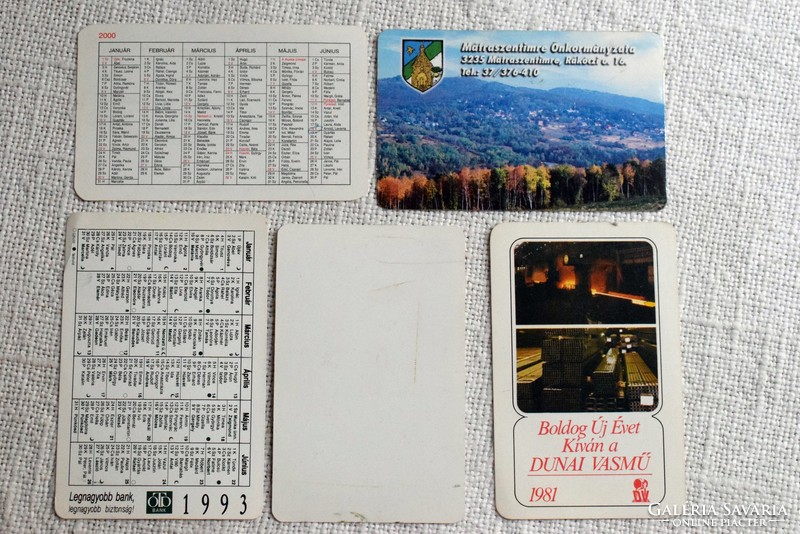 Card calendar 1981 Danube plant, 1993 otp, 1999 mátraszentimre, 2000, 2001, 5 pcs.
