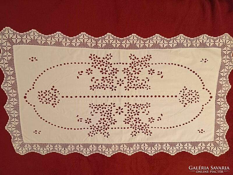 Old tablecloth with Madeira embroidery, lace border, 92x52