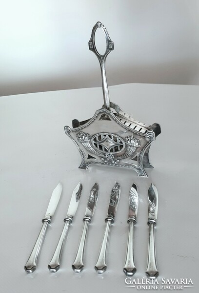 Wmf, art nouveau silver-plated dessert, fruit knife stand with 6 knives, brunch set