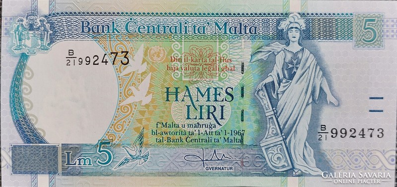 Malta 5 liri, 1967, unc banknote