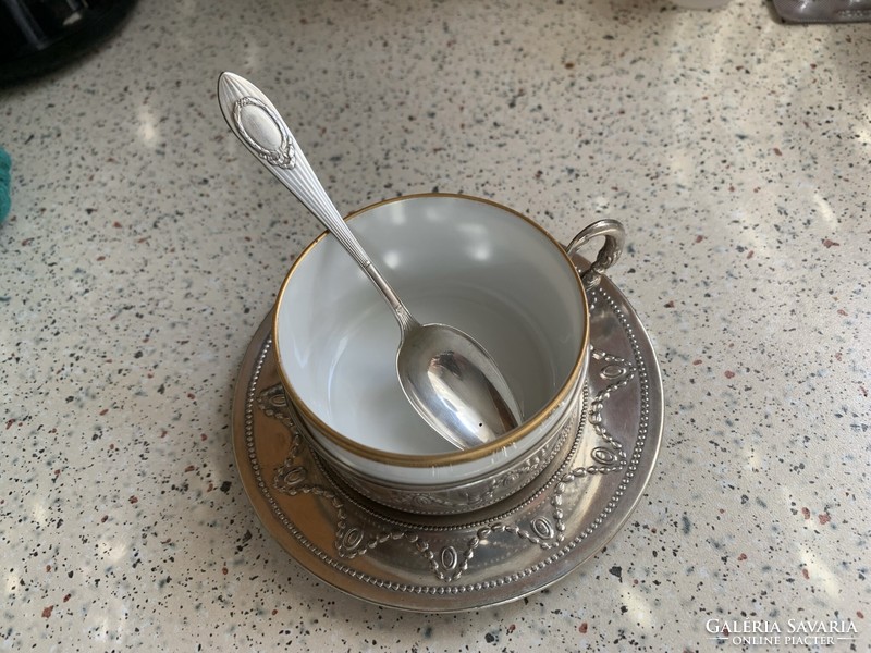 Italian 800 silver coffee cup with porcelain insert, silver spoon hallmarked between 1940-1950