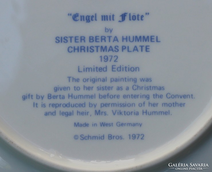 Hummel porcelán dísztányér - Karácsony 1972 - Schmid