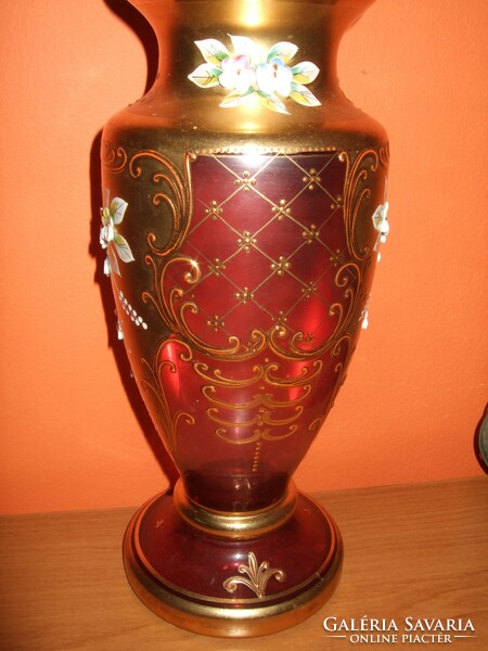 Sale ruby red vase richly gilded decorated with plastic flowers