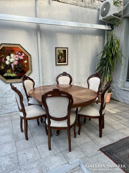 Antique style marquetry dining / meeting table with 6 upholstered crown chairs