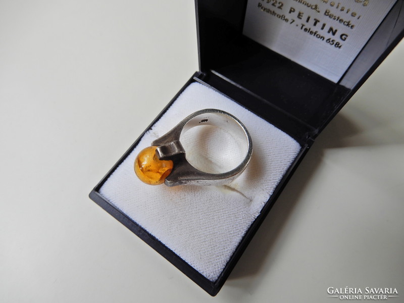 Old modernist silver ring with amber