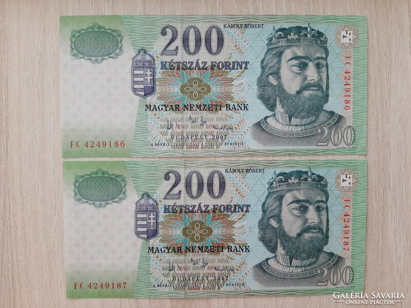 Serial number 200 forint banknote fc series 2007 unc