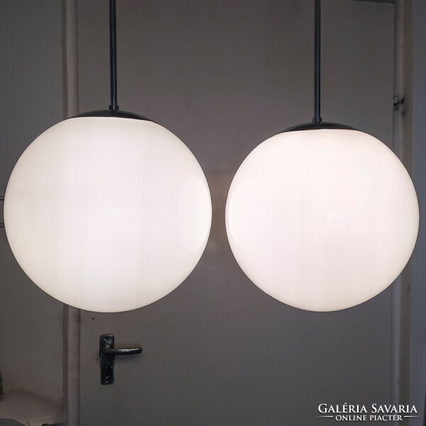 Bauhaus - pair of art deco ceiling lamps renovated - large milk glass spherical shade