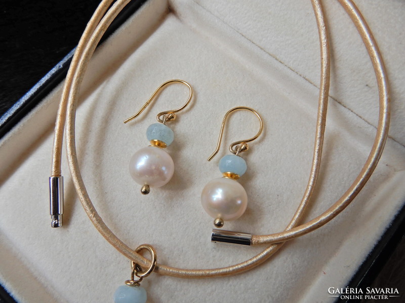 Gold-plated silver jewelry set with aquamarine and freshwater pearls