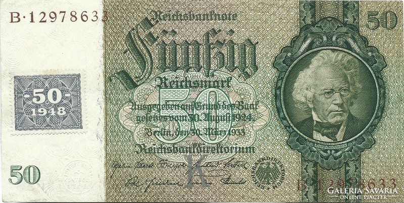 50 Reichsmark 1933 / 1948 Germany ndk overstamped rare