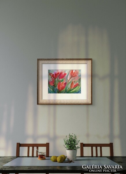 Ágnes Görbe: tulip blossoming, watercolor 29x42 cm