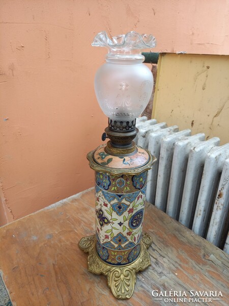 Ritka perzsa mintás Fischer Ignác Budapest majolika petróleumlámpa, asztali lámpa