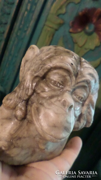 About 10 cm, 70 dkg, stone carved monkey head, paperweight or candle holder.