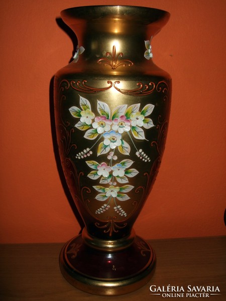 Sale ruby red vase richly gilded decorated with plastic flowers
