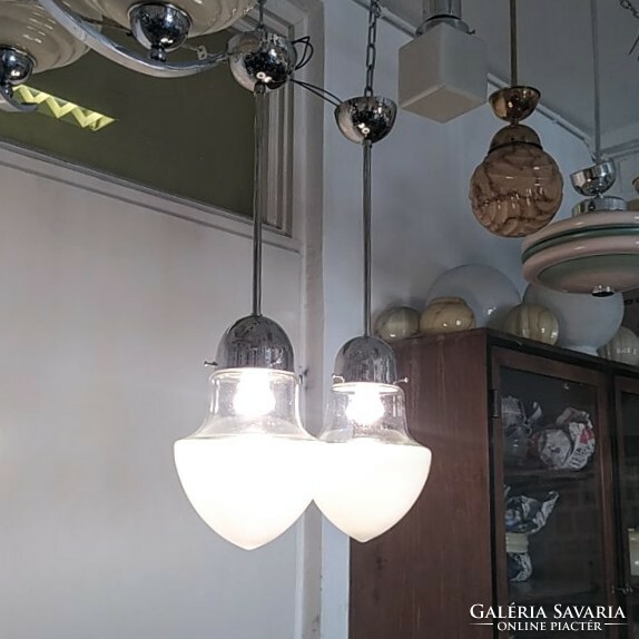 Bauhaus - Art deco mennyezeti lámpa pár felújítva - különleges formájú víztiszta - tejüvegüveg búra