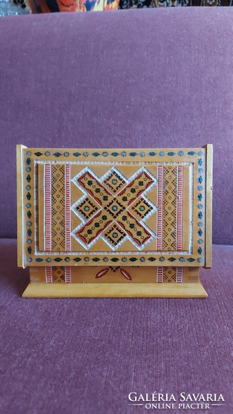 Painted carved wooden box with burnt decoration