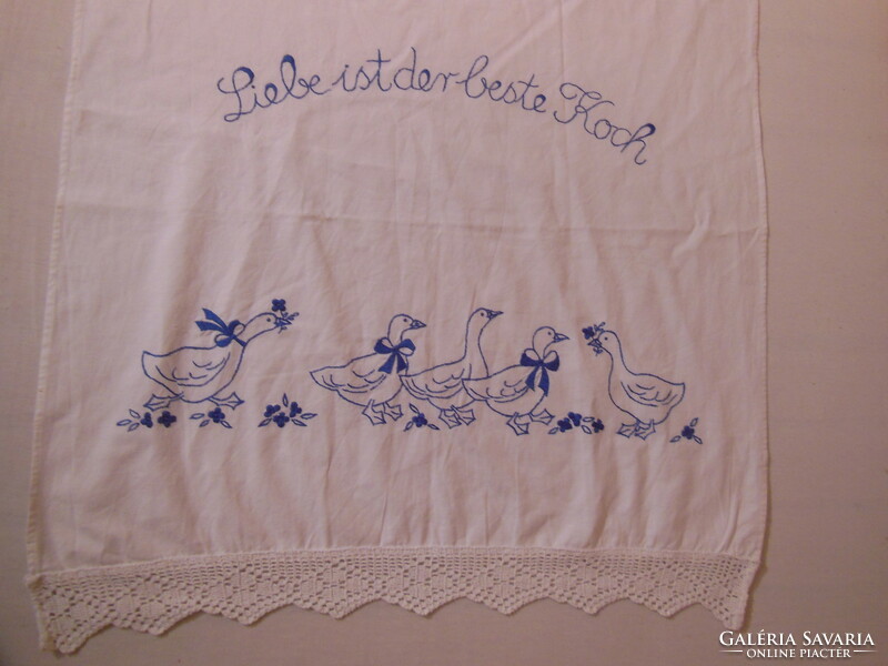 Kitchen towel - 130 x 60 cm - hand embroidery - old - snow white - cotton canvas - flawless