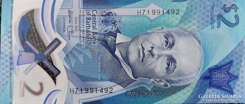 Barbados $2, 2022, unc banknote