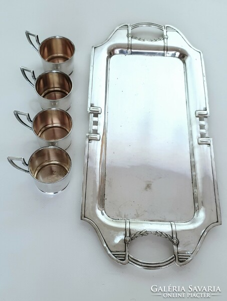 Art Nouveau, silver-plated large tray with 4 cup holders