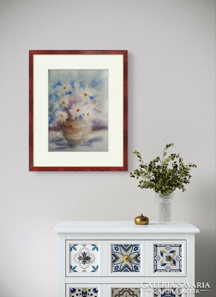 Görbe Ágnes: Margaréták vázában, akvarell 42x29cm
