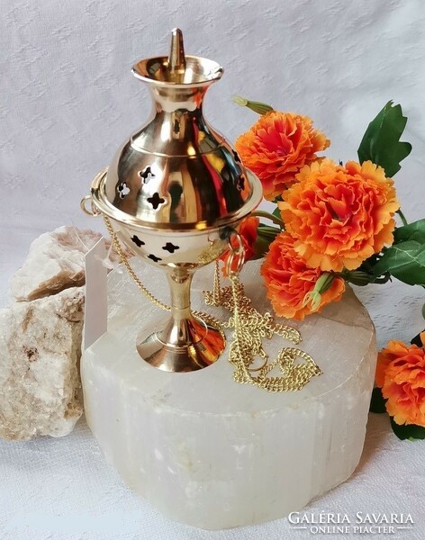 Decorative multifunctional pendant copper incense burner with resin burner and pierced base and lid