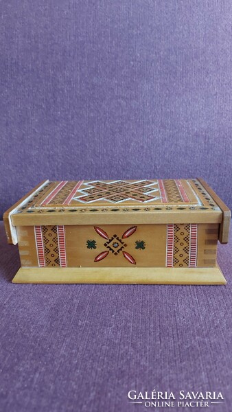 Painted carved wooden box with burnt decoration