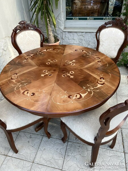 Antique style marquetry dining / meeting table with 6 upholstered crown chairs