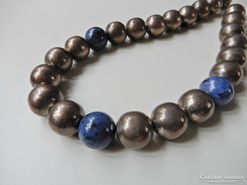 Old design large silver necklace with special clasp and sodalite mineral?