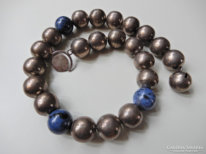 Old design large silver necklace with special clasp and sodalite mineral?