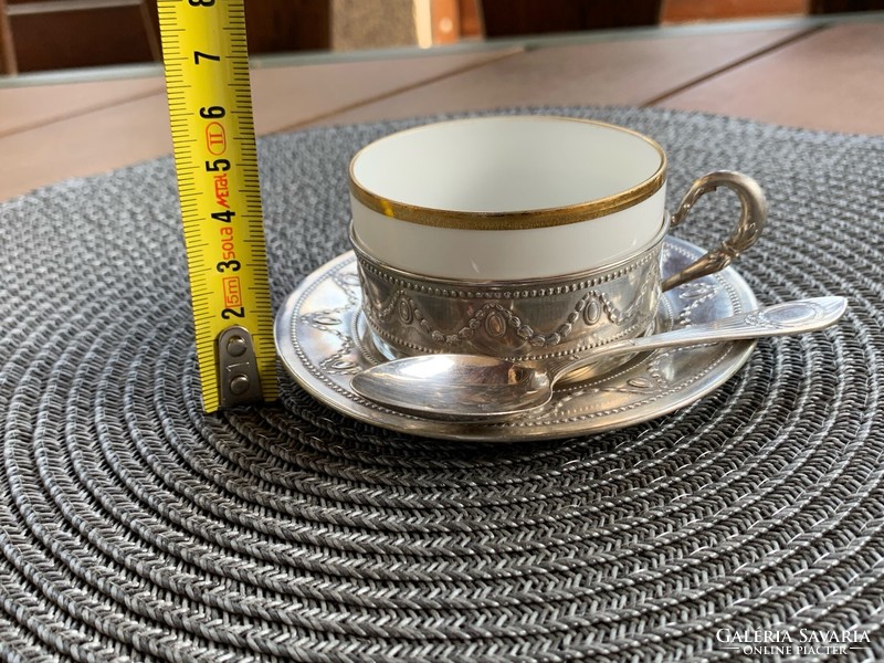 Italian 800 silver coffee cup with porcelain insert, silver spoon hallmarked between 1940-1950